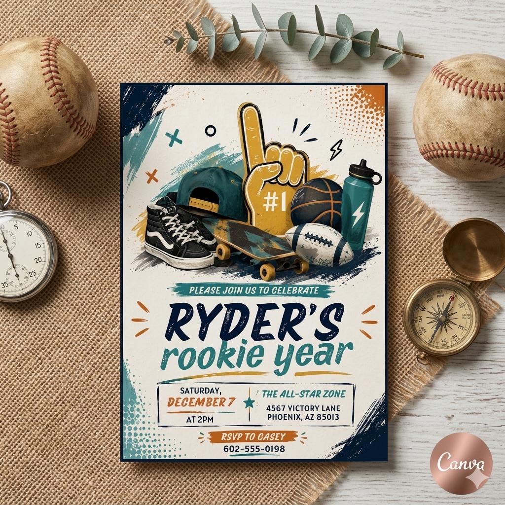 Sports Rookie Year Birthday Invitation Template, Sports Baseball Birthday, Rookie Of The Year Invite Baseball Birthday Party, Canva Template