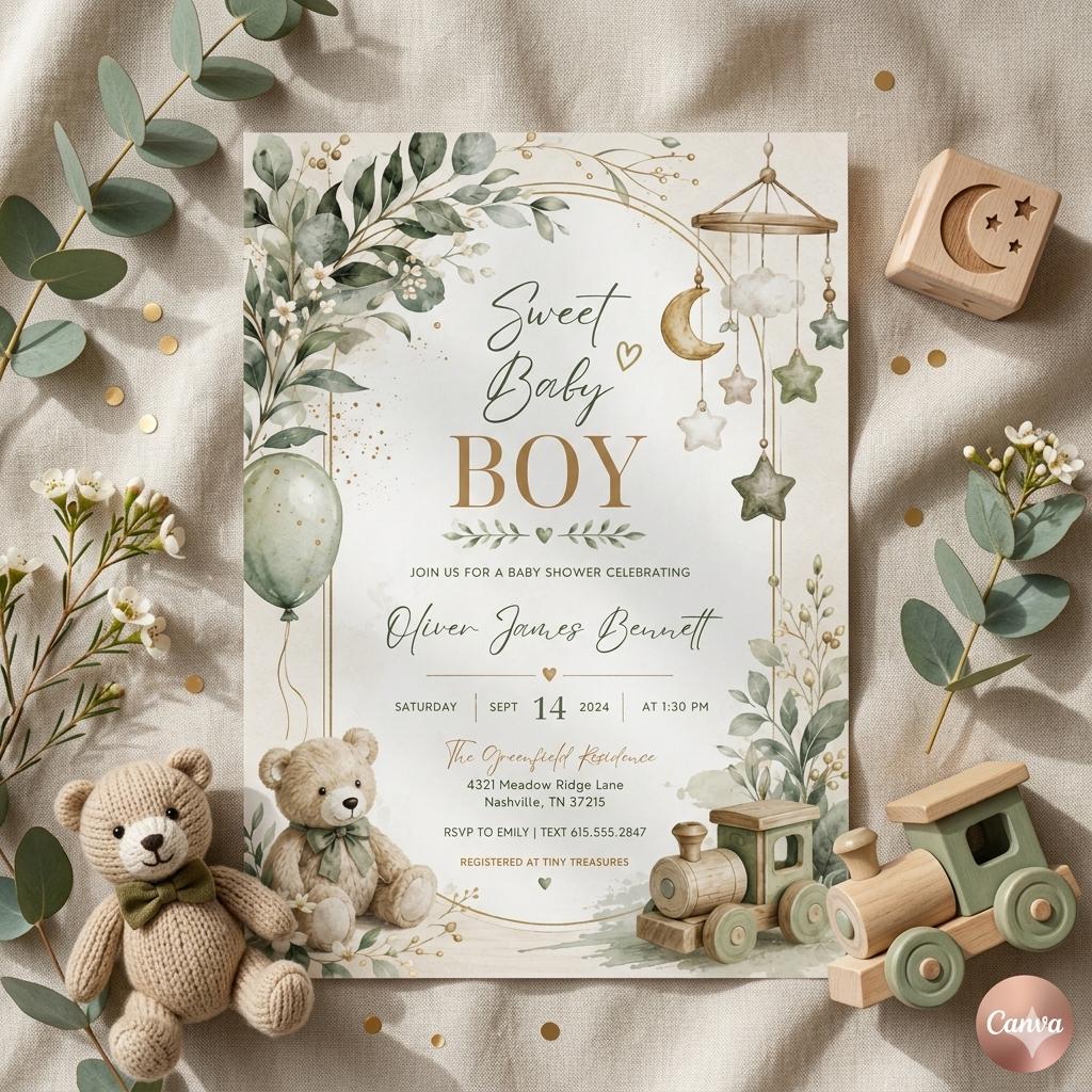 Editable Baby Shower Invitation, Boy Baby Clothes Baby Shower Invite, A Sweet Baby Boy is on his way Laundry Blue Greenery, Canva Template