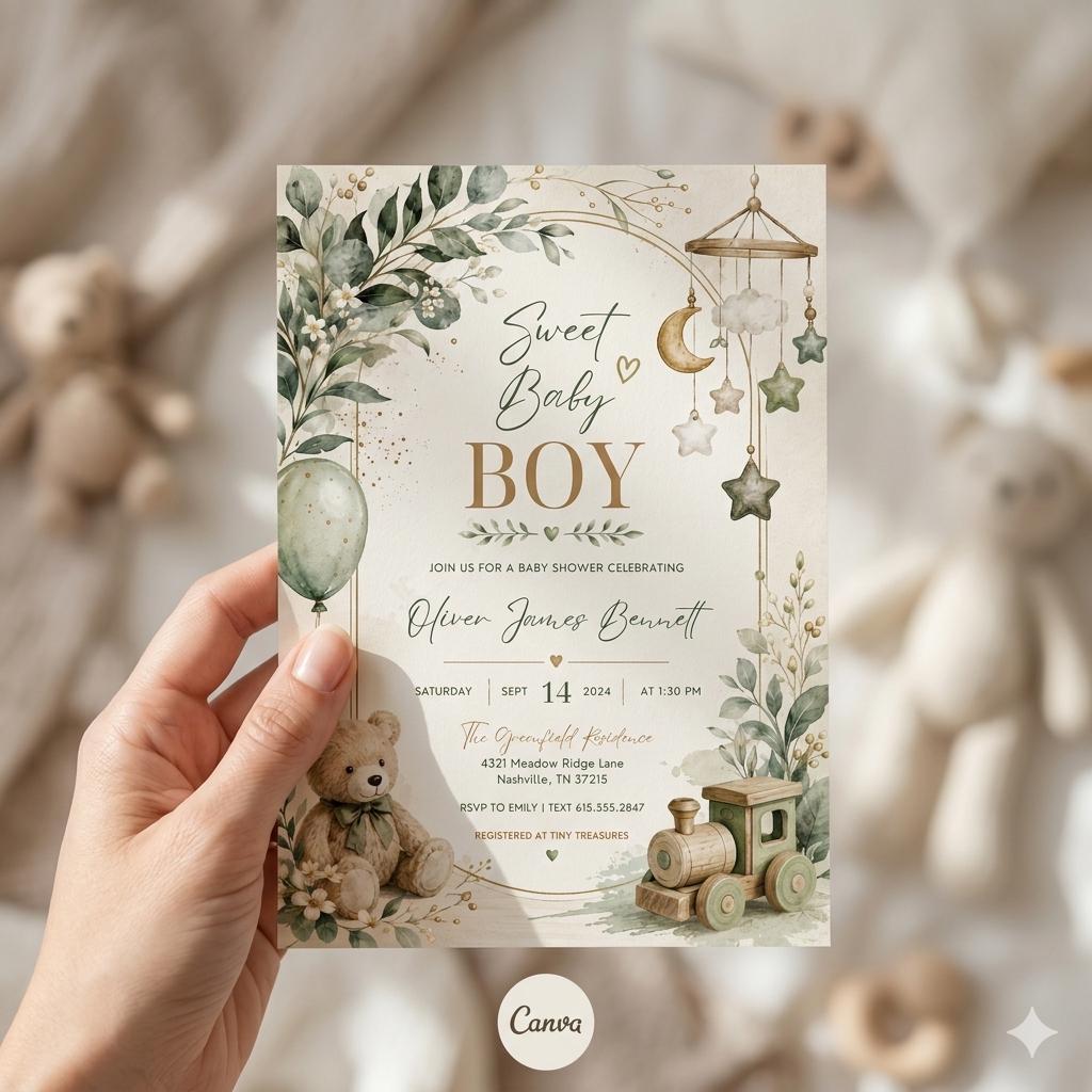 Editable Baby Shower Invitation, Boy Baby Clothes Baby Shower Invite, A Sweet Baby Boy is on his way Laundry Blue Greenery, Canva Template