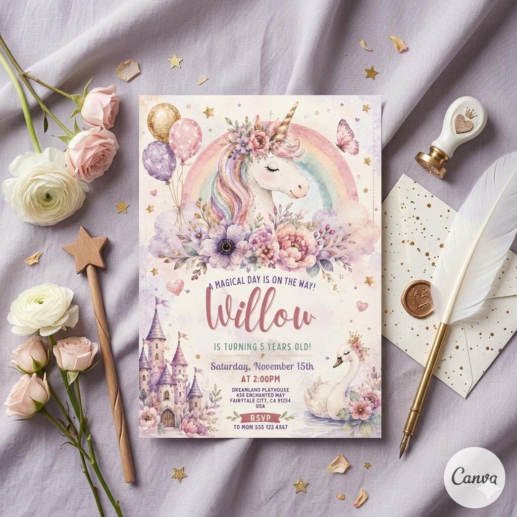 Unicorn Birthday Invitation Template: Magical Castle, Swan, Rainbow Magical Rainbow Party Invite, Pastel Fantasy Birthday (Editable Canva)