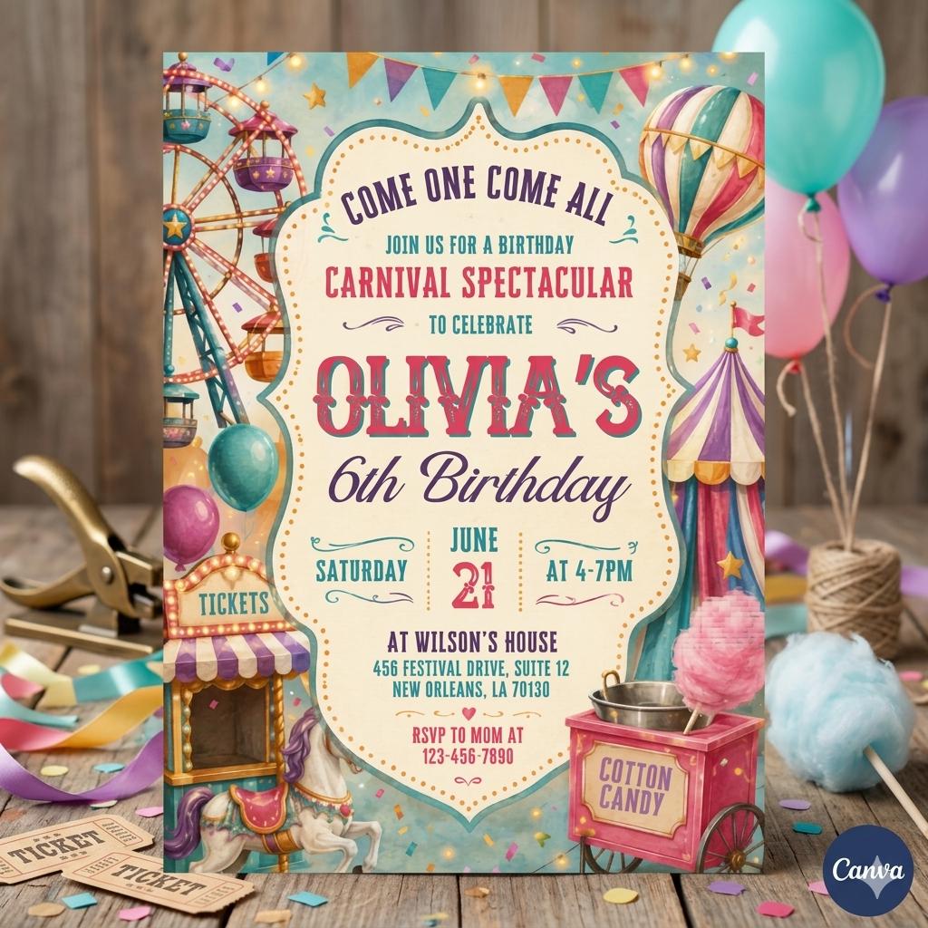 Carnival Birthday Invitation: Colorful Circus Theme Invite, Fun Fair Birthday Template (Editable Canva Template)