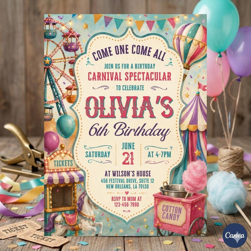 Carnival Birthday Invitation: Colorful Circus Theme Invite, Fun Fair Birthday Template (Editable Canva Template)