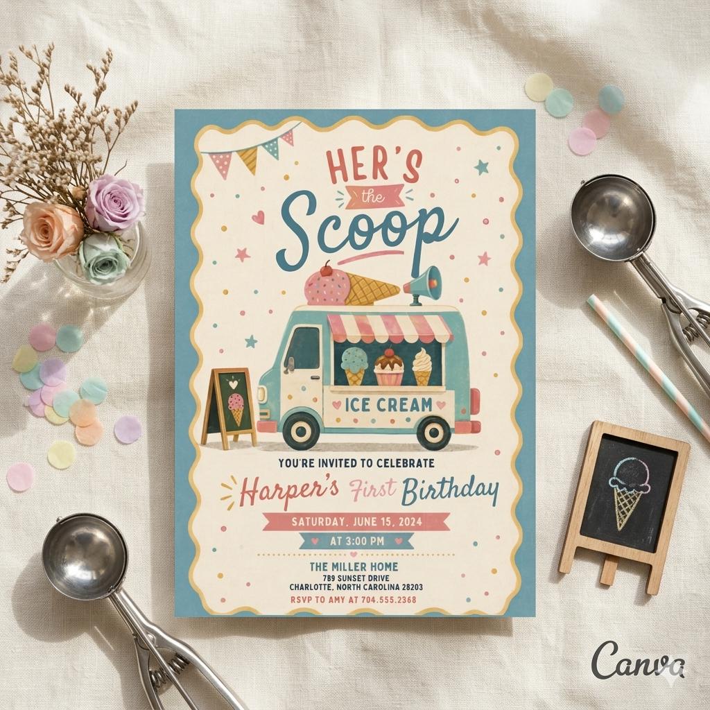 Ice Cream Truck First Birthday Invitation: Ice Cream “Here’s the Scoop” Invite , Sweet One Birthday Invitation (Digital Download)