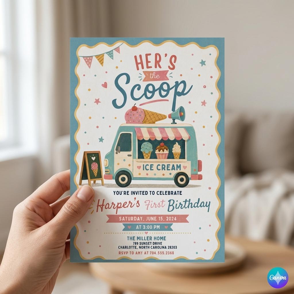 Ice Cream Truck First Birthday Invitation: Ice Cream “Here’s the Scoop” Invite , Sweet One Birthday Invitation (Digital Download)