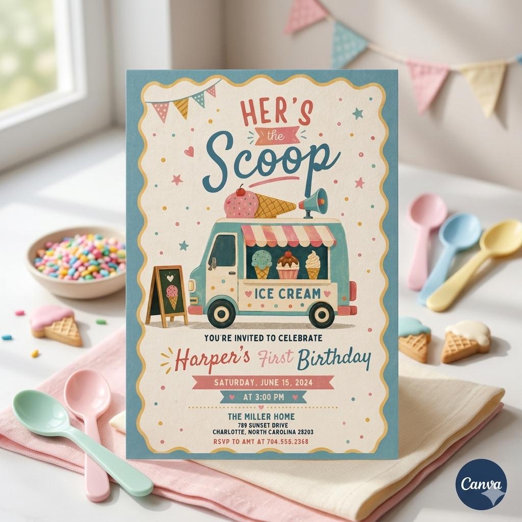 Ice Cream Truck First Birthday Invitation: Ice Cream “Here’s the Scoop” Invite , Sweet One Birthday Invitation (Digital Download)