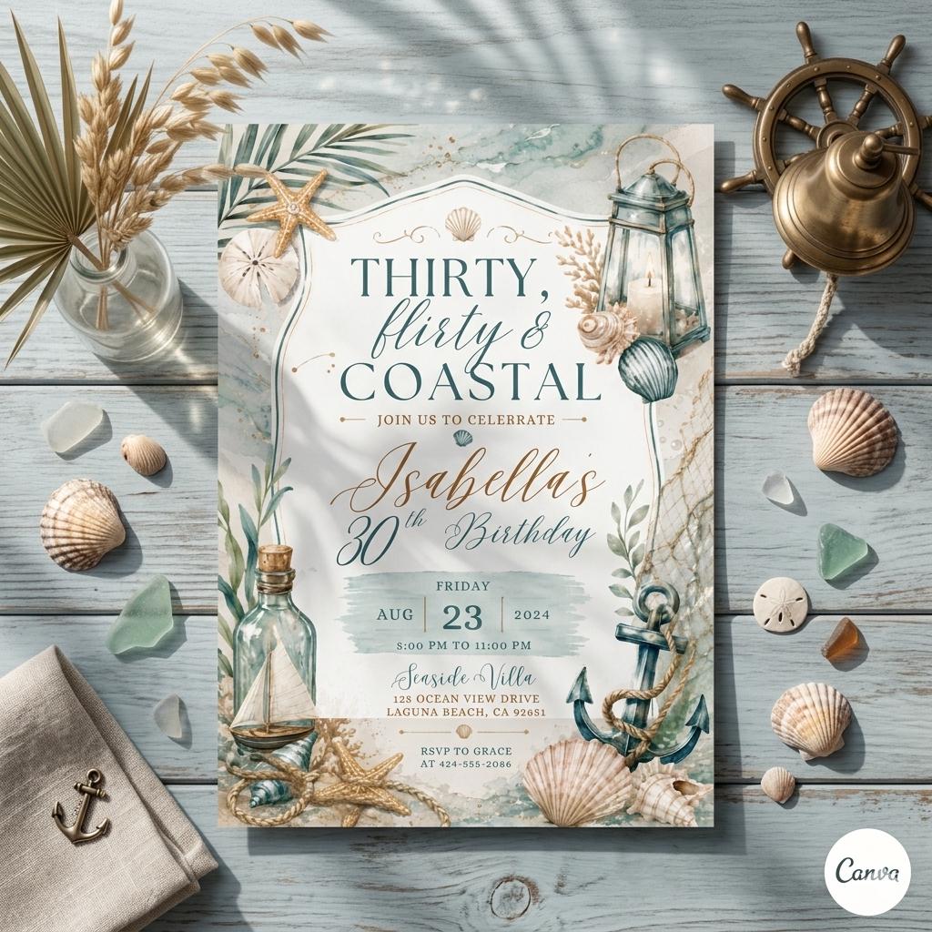 Coastal 30th Birthday Invitation, Seashell 13th Birthday Invitation: Editable Ocean Theme Party Invite (Digital Download)