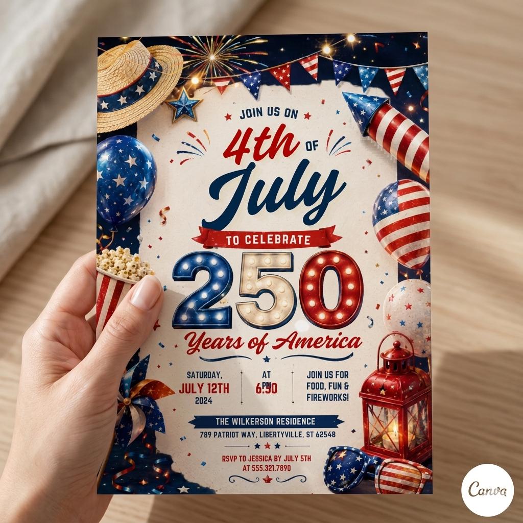 America’s 250th Anniversary Invitation, 4th of July 2026 Party Invite, 4th of July Party Invitation, Canva Template