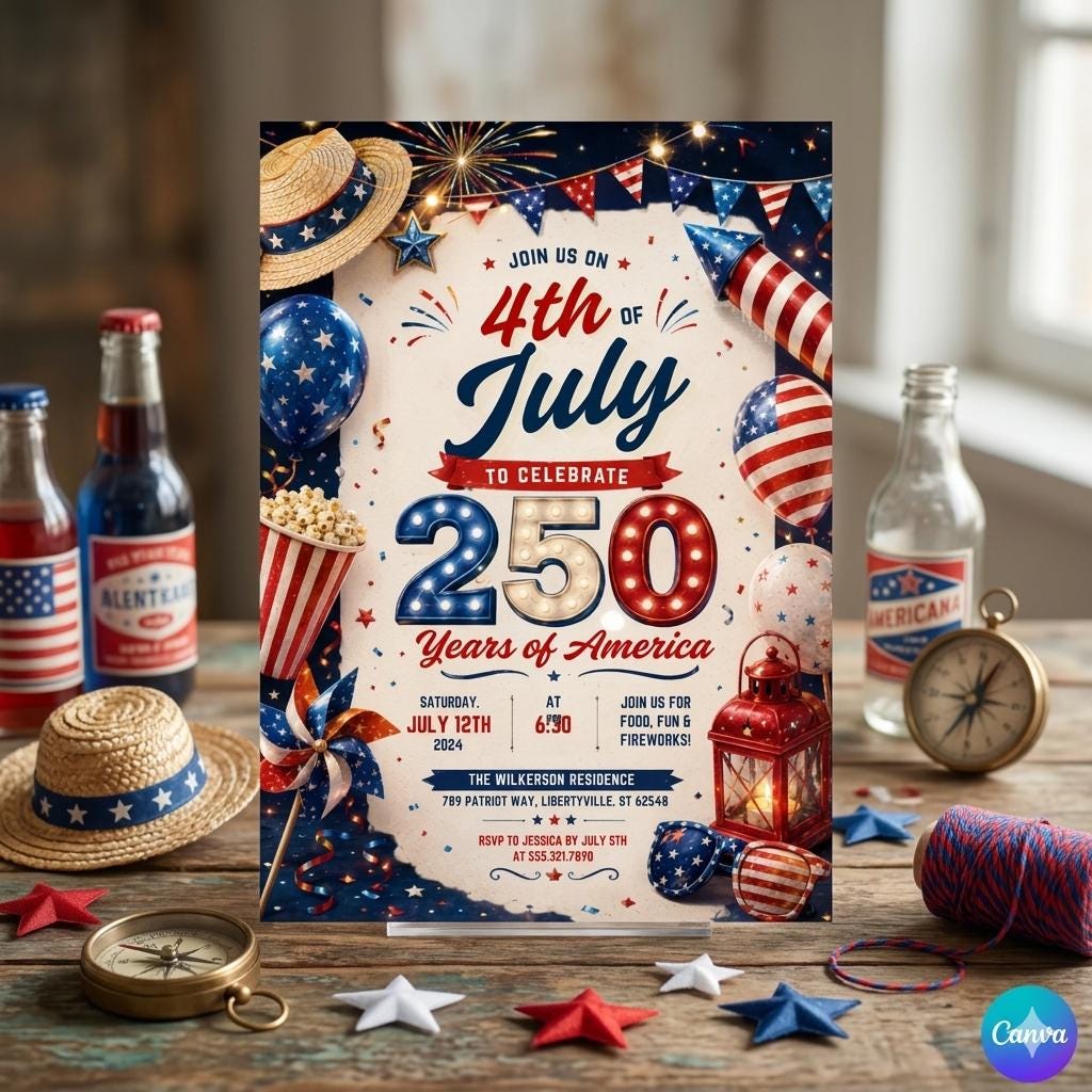 America’s 250th Anniversary Invitation, 4th of July 2026 Party Invite, 4th of July Party Invitation, Canva Template