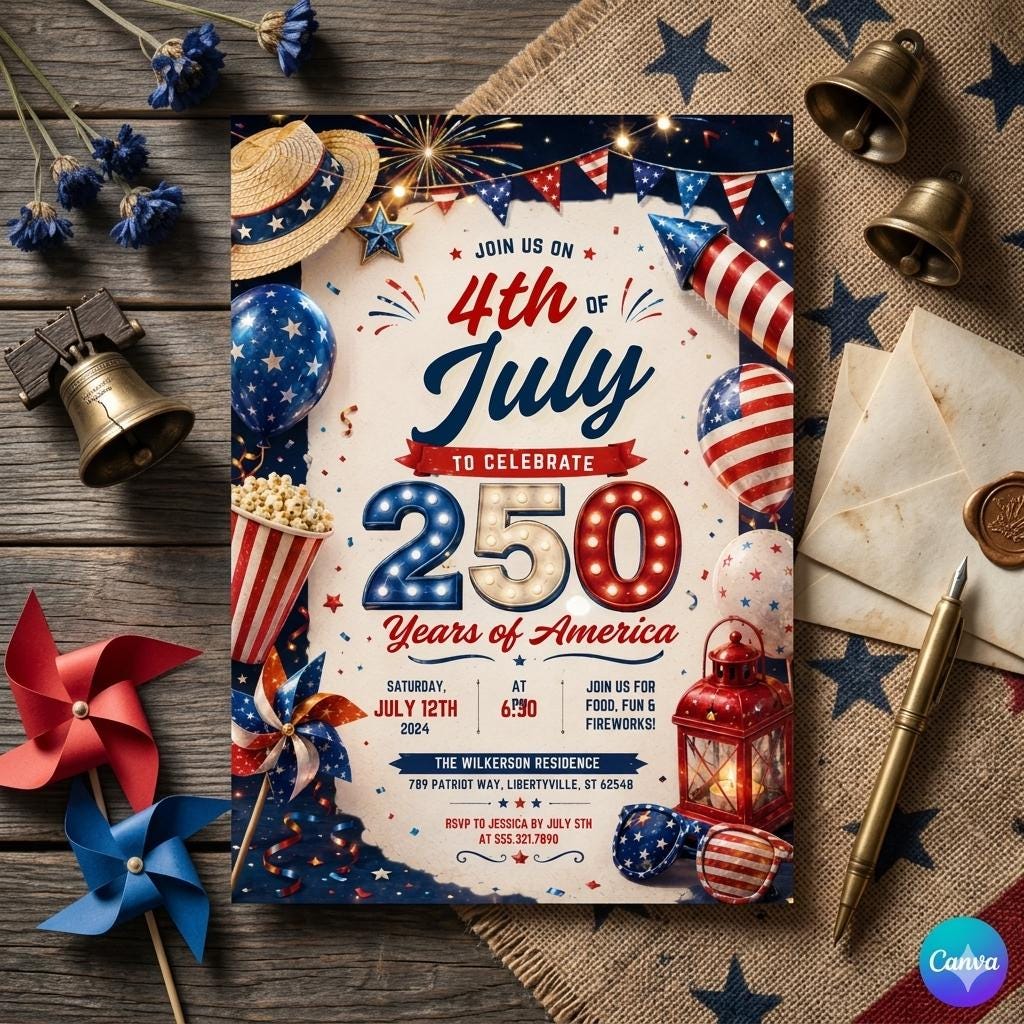 America’s 250th Anniversary Invitation, 4th of July 2026 Party Invite, 4th of July Party Invitation, Canva Template
