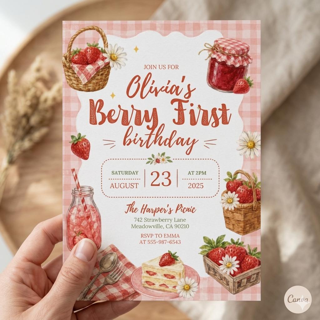 Berry First Birthday Invitation Card Printed, Strawberry 1st Birthday Invite, Baby Girl First Birthday Party Invite Custom Name Card