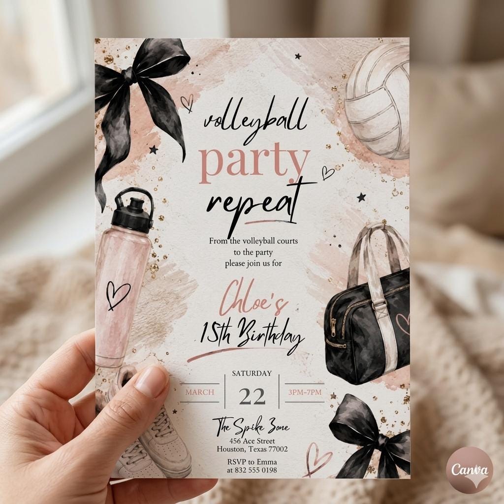 Volleyball Birthday Invitation, Teen Girl Sports Party Invite (Canva Template)