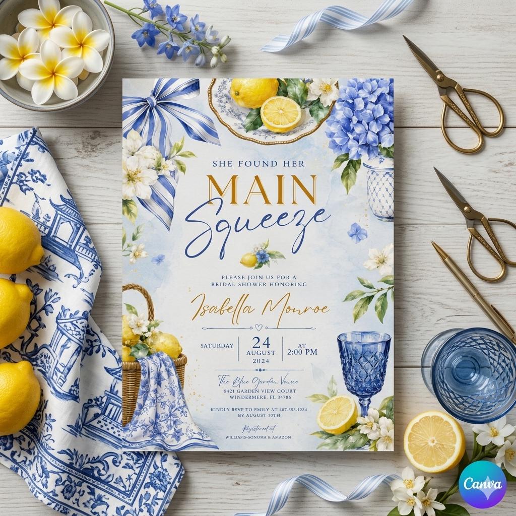 Blue Lemon Bridal Shower Invitation, She Found Her Main Squeeze Template (Digital Download)