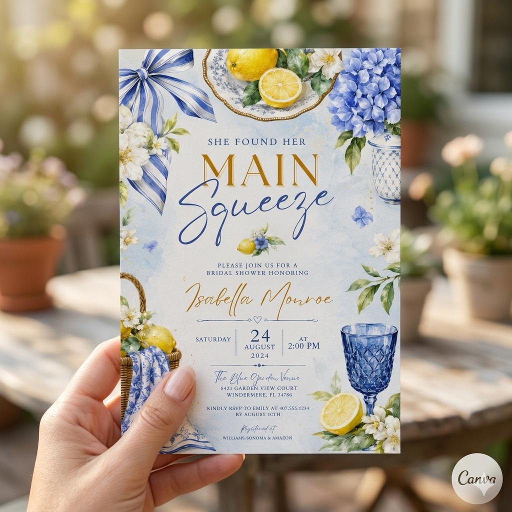 Blue Lemon Bridal Shower Invitation, She Found Her Main Squeeze Template (Digital Download)