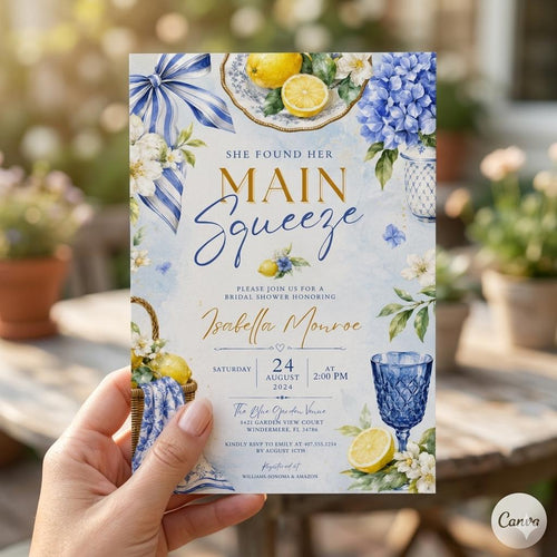 Blue Lemon Bridal Shower Invitation, She Found Her Main Squeeze Template (Digital Download)