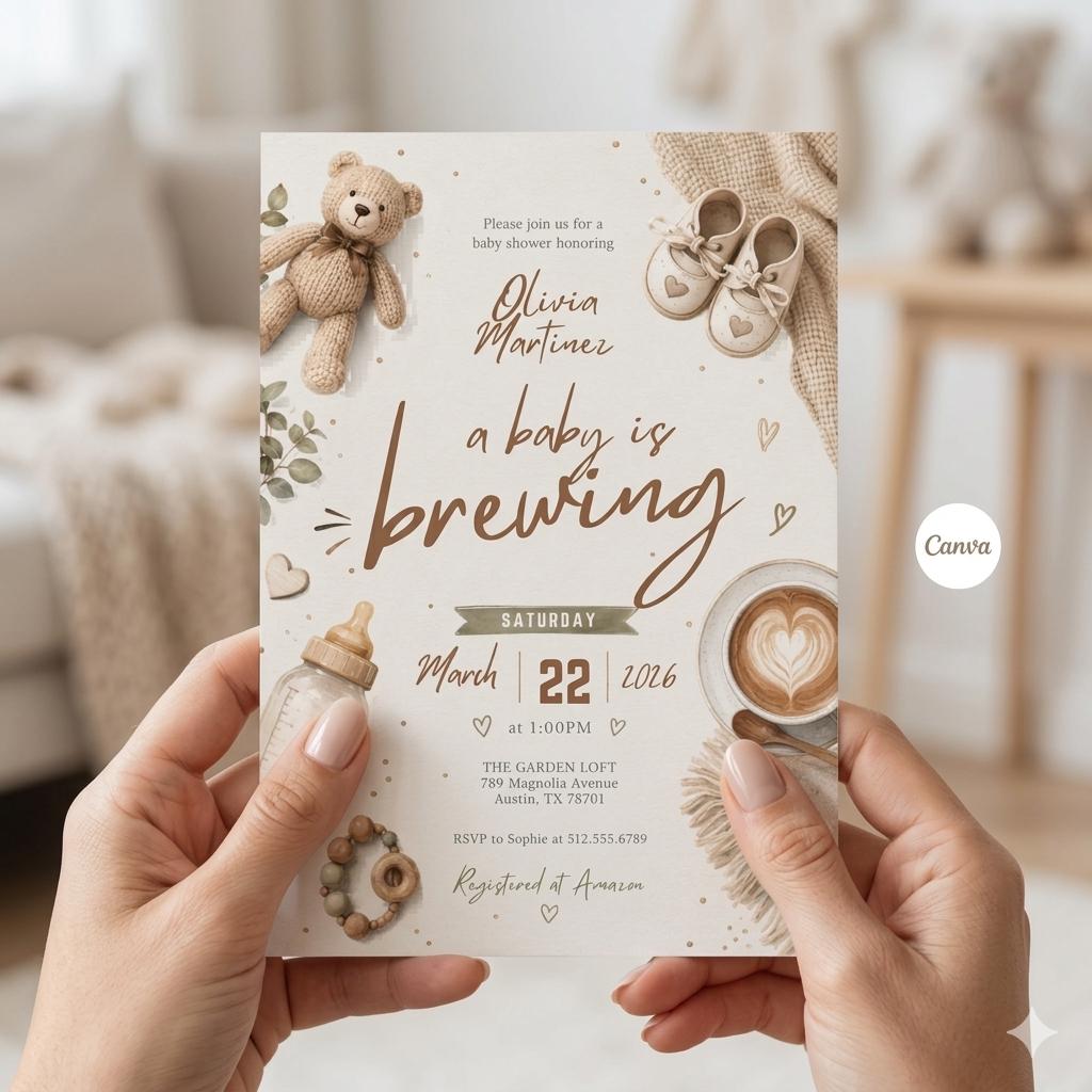 A Baby is Brewing Baby Shower Invitation, Coffee Latte Theme, Editable Canva Template (Digital Download)