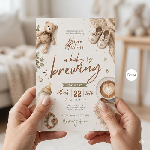 A Baby is Brewing Baby Shower Invitation, Coffee Latte Theme, Editable Canva Template (Digital Download)