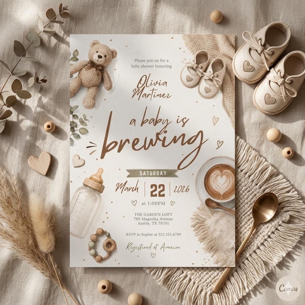 A Baby is Brewing Baby Shower Invitation, Coffee Latte Theme, Editable Canva Template (Digital Download)