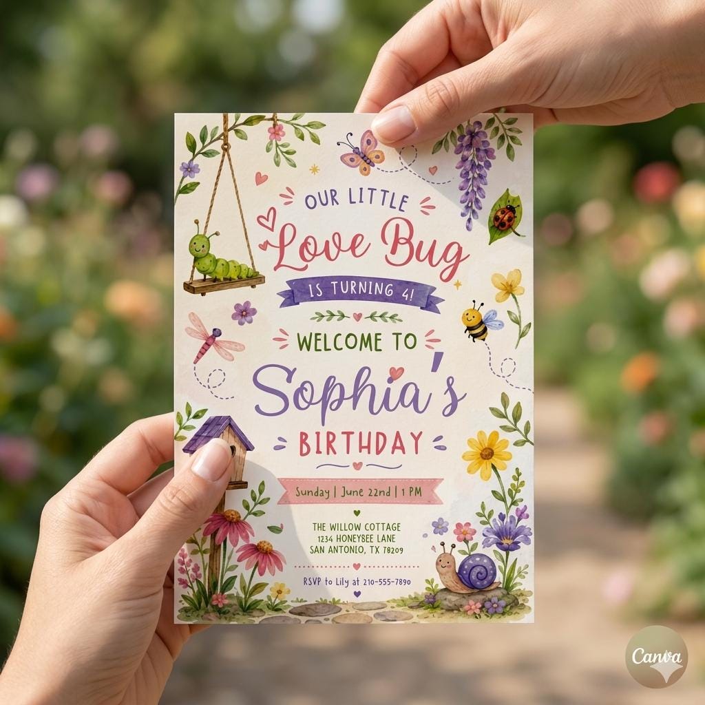 A Little Love Bug Baby Shower Invitation, Love Bug Birthday Invitation , Love Bug Baby Shower Invite, Canva Template