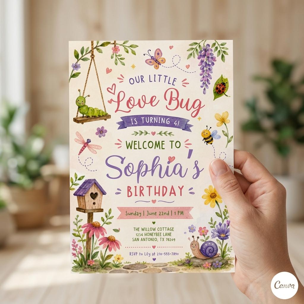 A Little Love Bug Baby Shower Invitation, Love Bug Birthday Invitation , Love Bug Baby Shower Invite, Canva Template