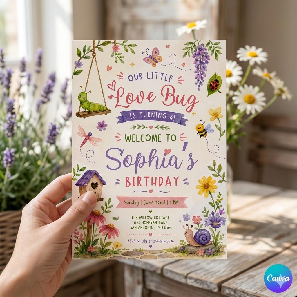 A Little Love Bug Baby Shower Invitation, Love Bug Birthday Invitation , Love Bug Baby Shower Invite, Canva Template