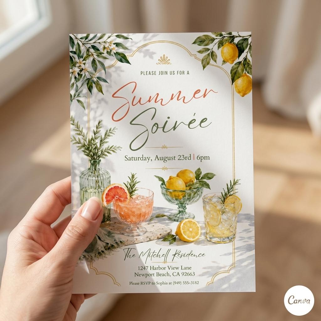 Sunset Soirée Summer Party Invitation, Summer Soiree Party Invite, Hand Drawn Summer Cocktail Drinks Party Invitation, Editable Canva