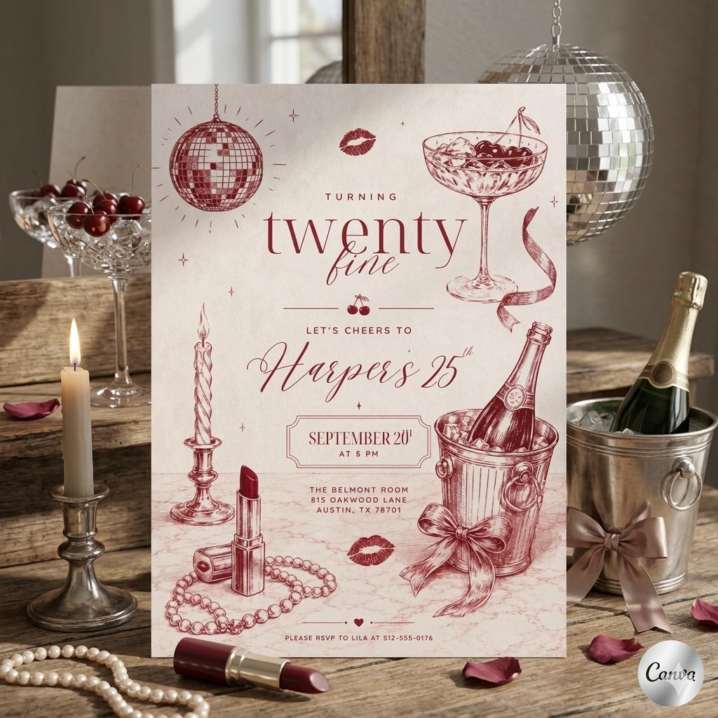 Turning Twenty Fine Birthday Invitation Template , 25th Birthday Invite ,Birthday Invitation ,Twenty Fine Birthday Party (Digital Download)