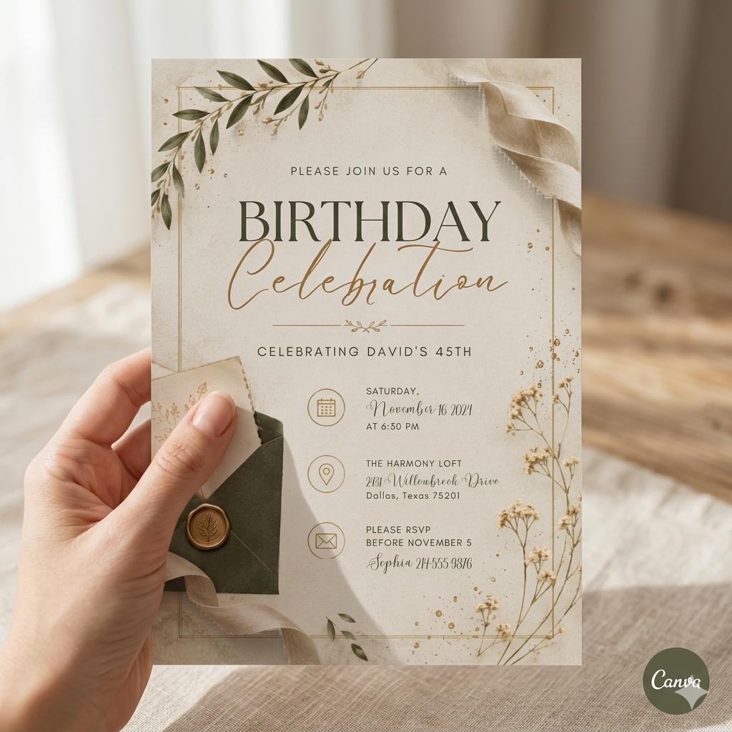 Editable Modern Black Gold Birthday Invite, Men's Digital Party Invite, Canva Celebration Design (Digital Download)