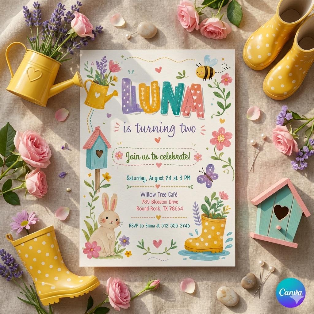 Wildflower Birthday Invitation, Floral Garden Party, Editable Canva Template (Digital Download)