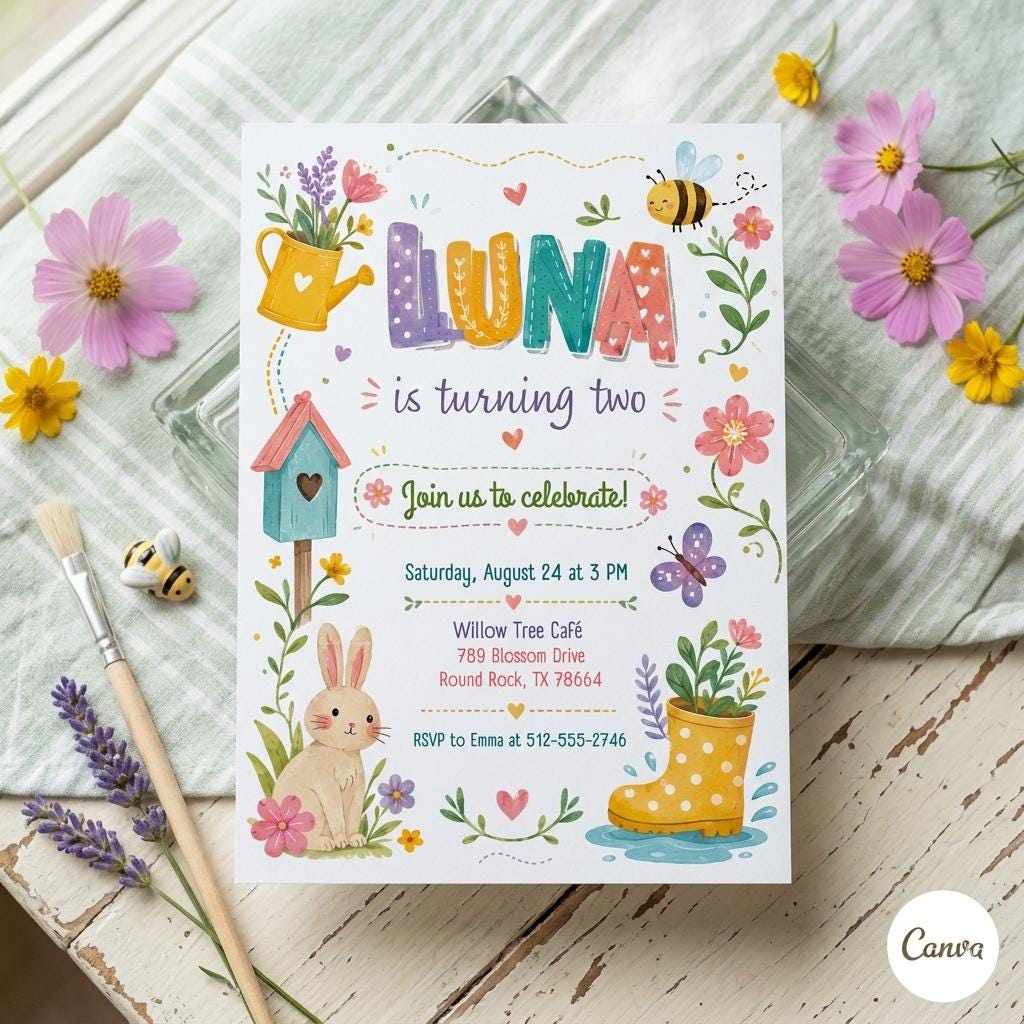 Wildflower Birthday Invitation, Floral Garden Party, Editable Canva Template (Digital Download)