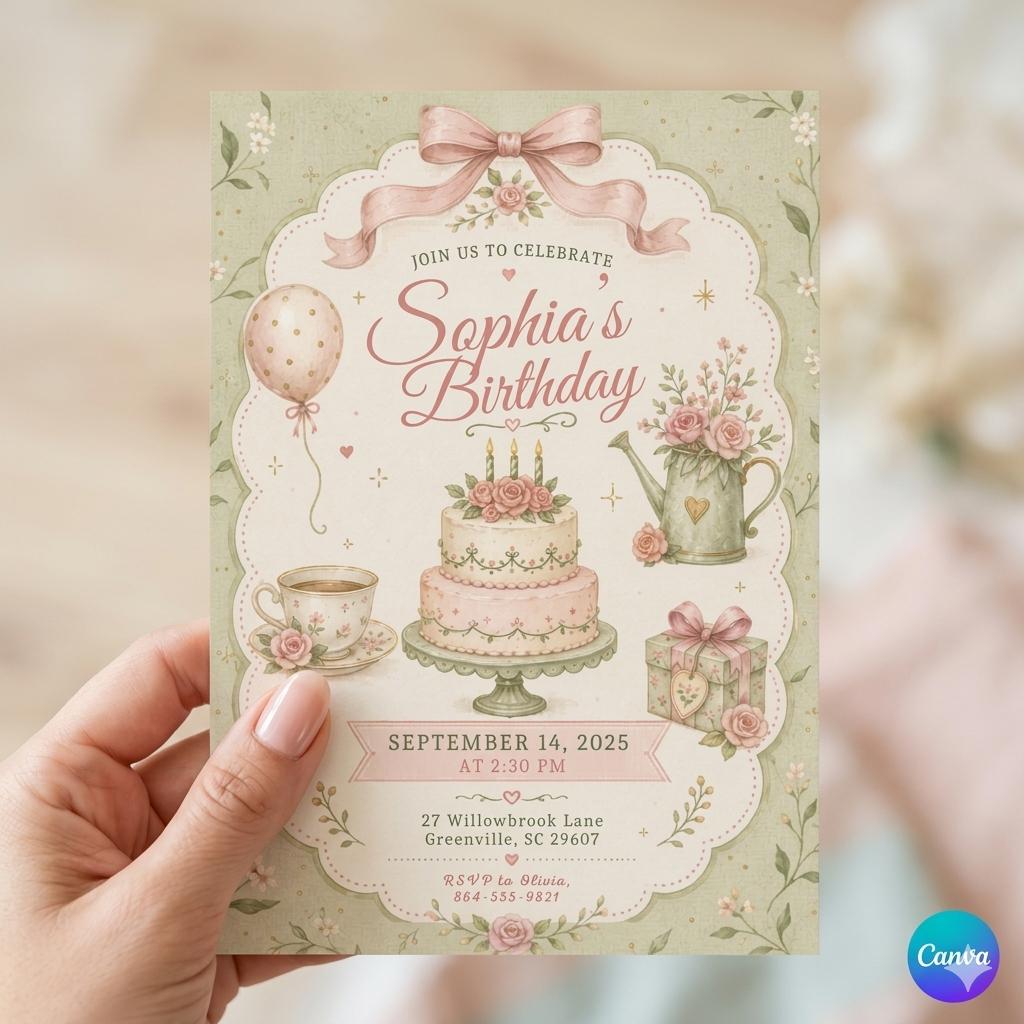 Pink Bow First Birthday Invite, Trendy Coquette Birthday Invite, Girly Birthday Invite, Our Little Wildflower Invite, Vintage Floral, Canva