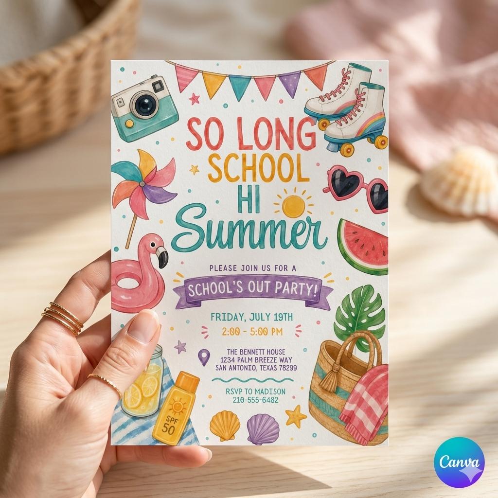End of School Party : Summer Party Invitation Goodbye School Hello Summer Editable Kids Template (Digital Download)