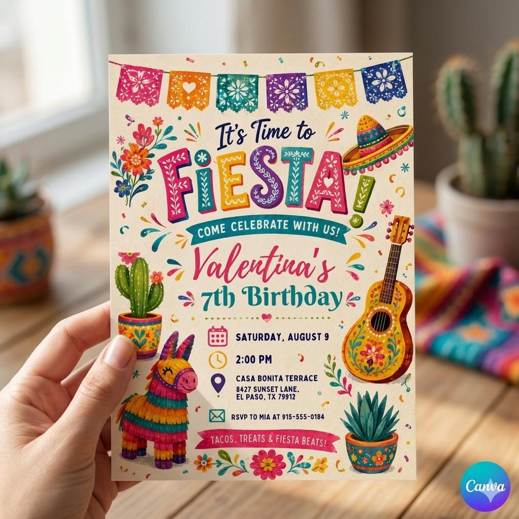 It's Time to Fiesta Birthday Invitation, Mexican Fiesta Party Invite, Fiesta Birthday Invitation, Mexican birthday, Editable Canva Template