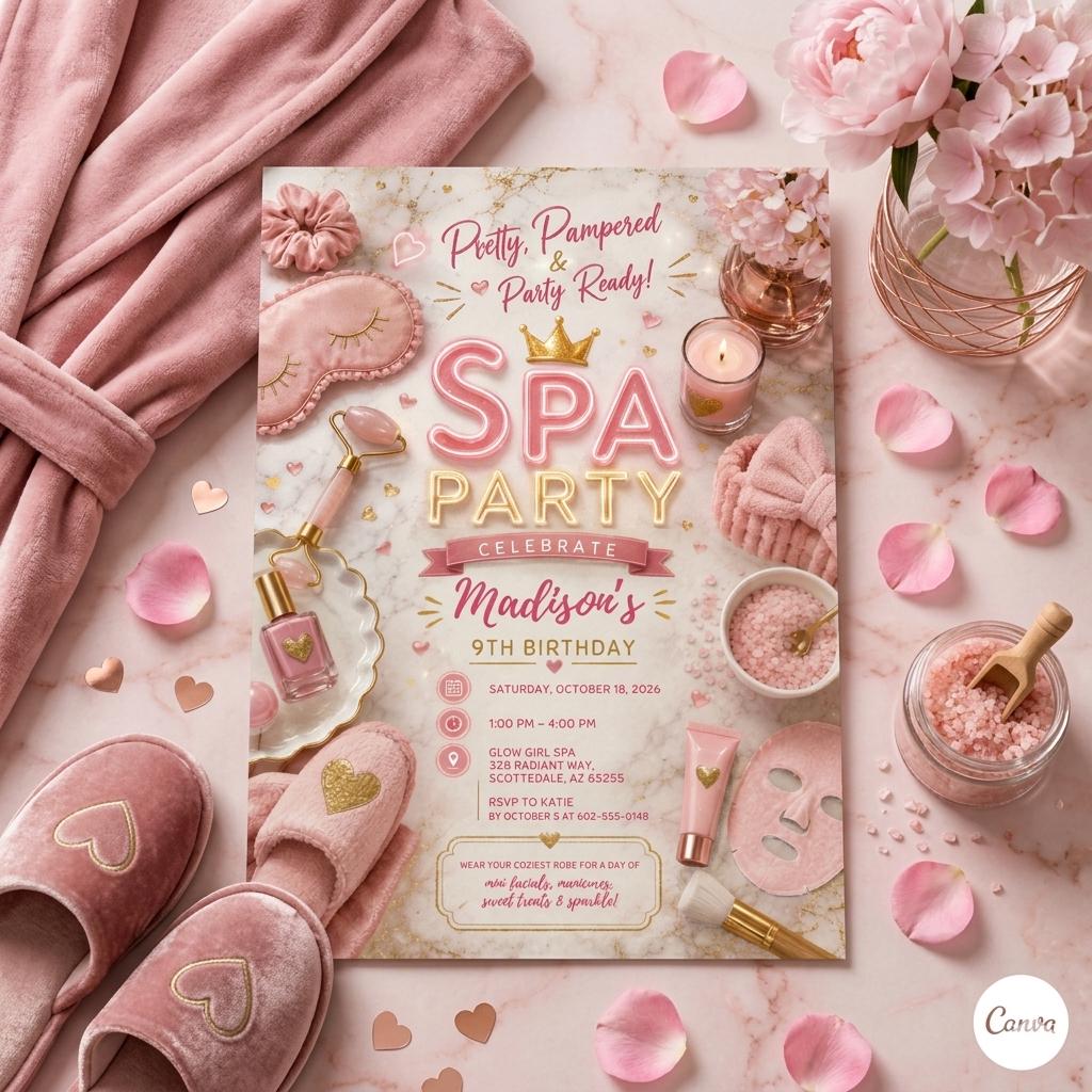 Spa Birthday Party Invitation, Pamper Party Invite, Girl Spa Birthday, Pink Bow Invitation, Spa Party 10th Birthday, Editable Canva Template