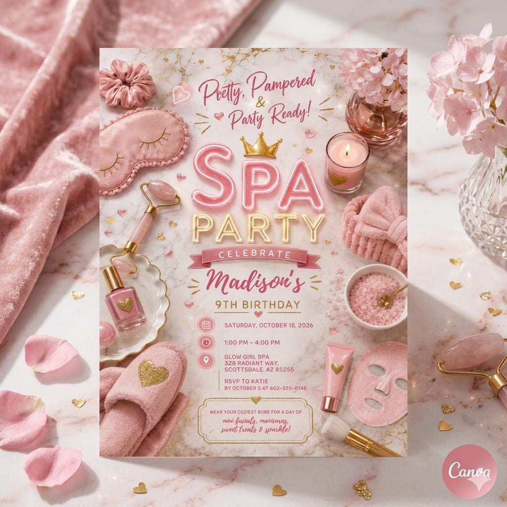 Spa Birthday Party Invitation, Pamper Party Invite, Girl Spa Birthday, Pink Bow Invitation, Spa Party 10th Birthday, Editable Canva Template