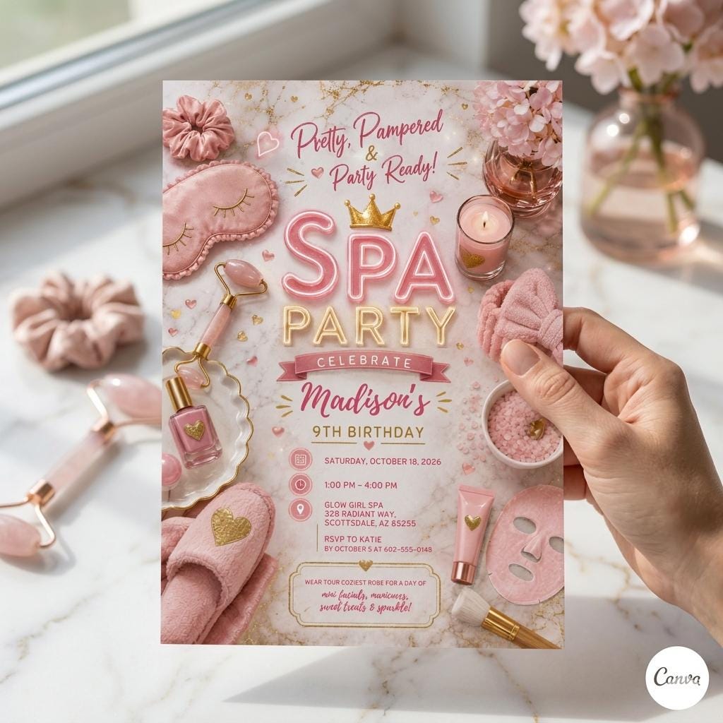 Spa Birthday Party Invitation, Pamper Party Invite, Girl Spa Birthday, Pink Bow Invitation, Spa Party 10th Birthday, Editable Canva Template