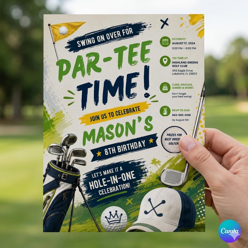 Golf Birthday Invitation, Let's Par Tee Golf Birthday Invite, Golf Birthday Party Invites, Editable 5x7 Canva Template