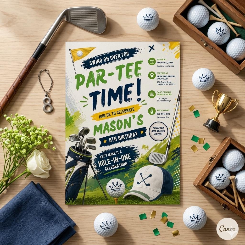 Golf Birthday Invitation, Let's Par Tee Golf Birthday Invite, Golf Birthday Party Invites, Editable 5x7 Canva Template