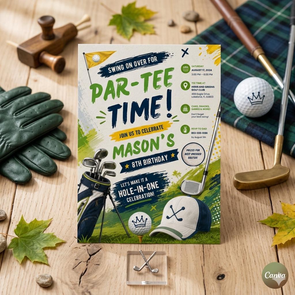 Golf Birthday Invitation, Let's Par Tee Golf Birthday Invite, Golf Birthday Party Invites, Editable 5x7 Canva Template
