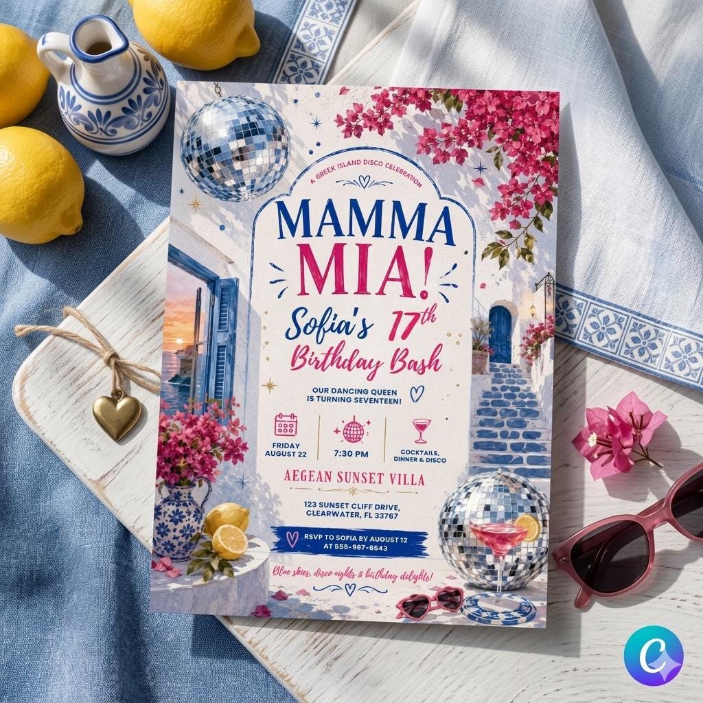 Mamma Mia Birthday Invitation Editable Canva Template, Disco Dancing Queen Party Invite, Blue Tile Italian Inspired Sweet 17 Celebration