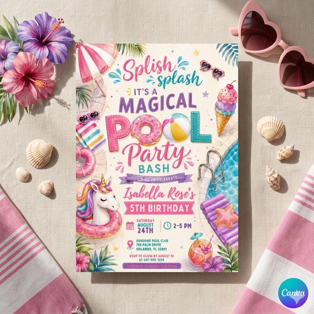 Pool Party Birthday Party Invitation Template, Hand Drawn Whimsical Swim Birthday Invite, Pink Bow Coquette Summer Birthday Pool Celebration
