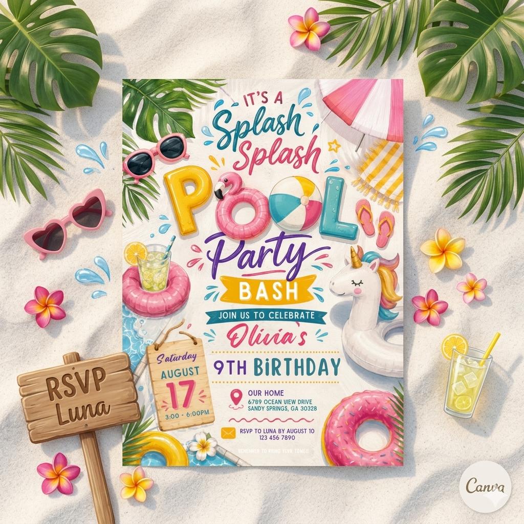 Pool Party Birthday Party Invitation Template, Hand Drawn Whimsical Swim Birthday Invite, Pink Bow Coquette Summer Birthday Pool Celebration