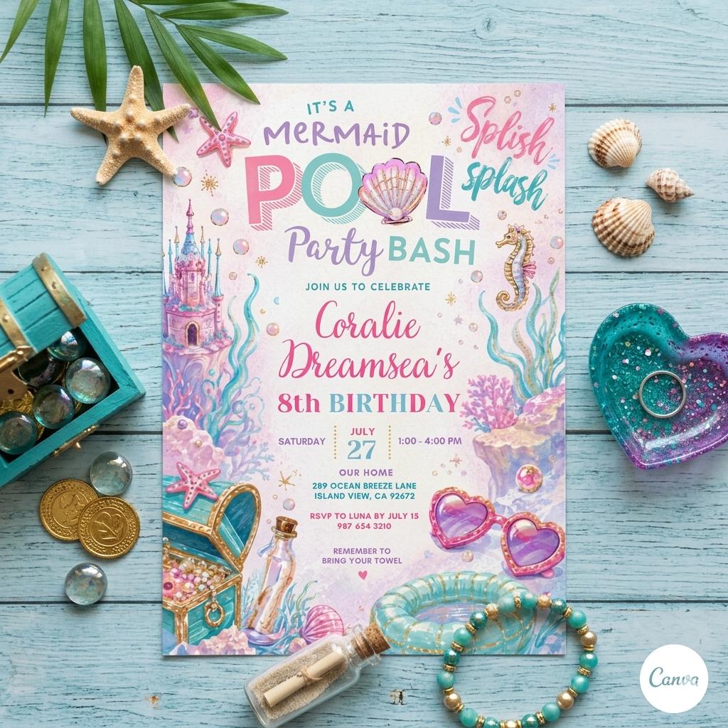 Mermaid Pool Party Invitation: Editable Splish Splash Invitation Girl Birthday Invite Party Birthday Printable Template (Digital Download)
