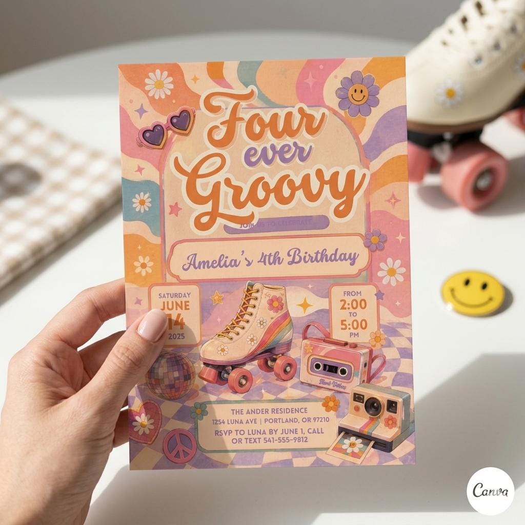 Editable Groovy 4th Birthday Invitation: Daisy Van Hippie Rainbow Theme (Digital Download)