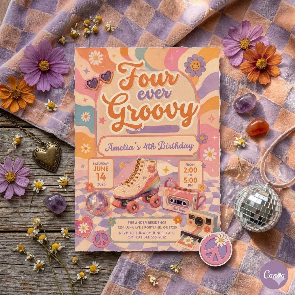 Editable Groovy 4th Birthday Invitation: Daisy Van Hippie Rainbow Theme (Digital Download)
