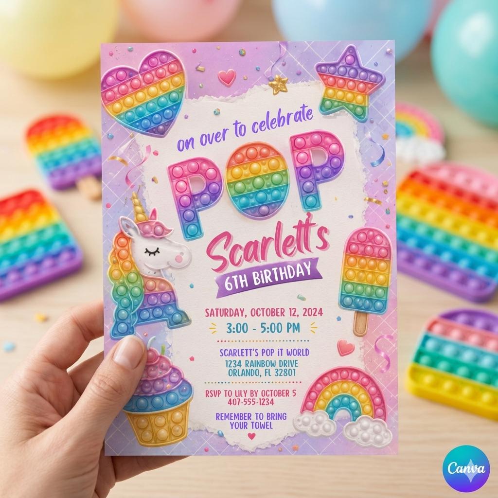 Pop It Birthday Invitation: Editable Rainbow Bubble Tea Birthday Invite T Unicorn, Rainbow, Cupcake (Digital Download)
