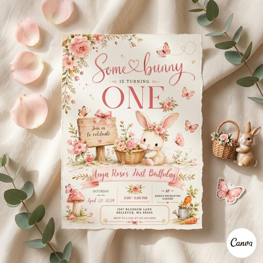 Editable Bunny First Birthday Invitation Template, Some Bunny 1st Birthday Party Daisy Floral , Bunny 1st Birthday Spring Birthday invite