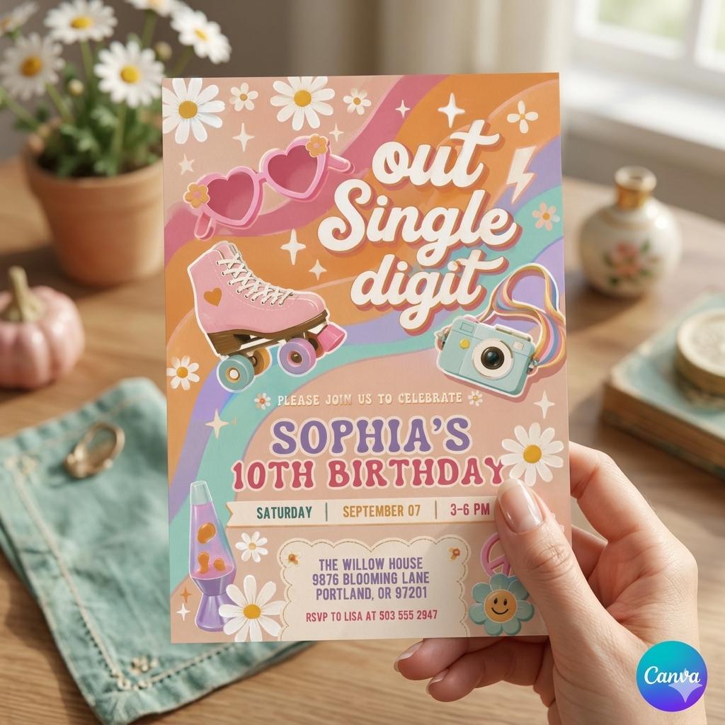 Editable Rainbow Peace Out Single Digits Groovy 10th Birthday Pink Van Invite Daisy Hippie Birthday Invitation Instant Download