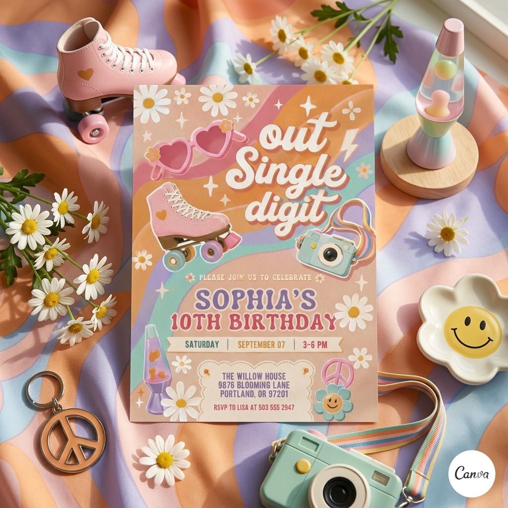 Editable Rainbow Peace Out Single Digits Groovy 10th Birthday Pink Van Invite Daisy Hippie Birthday Invitation Instant Download