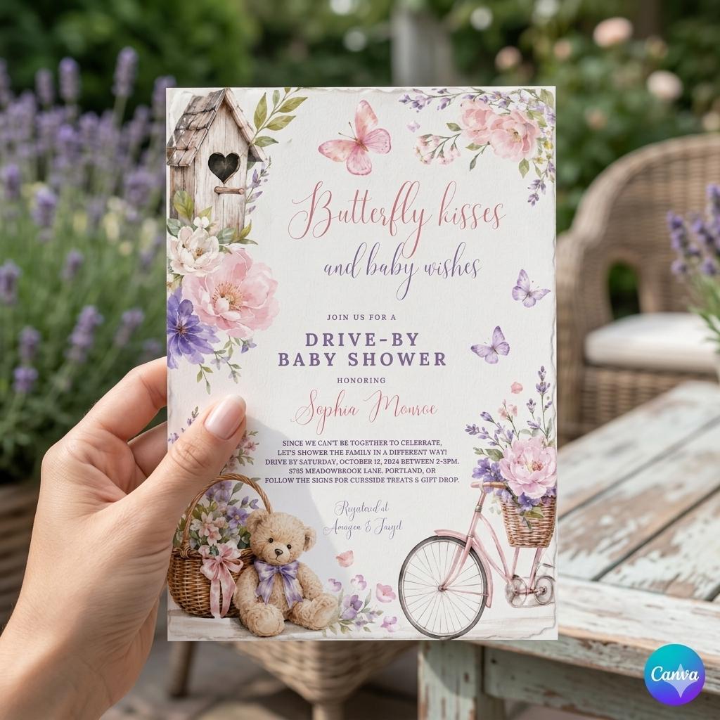 Editable Butterfly Kisses Baby Shower Invitation ,Baby Wishes Drive By Sprinkle Blush Pink Purple Shower Invitation(Digital Download)