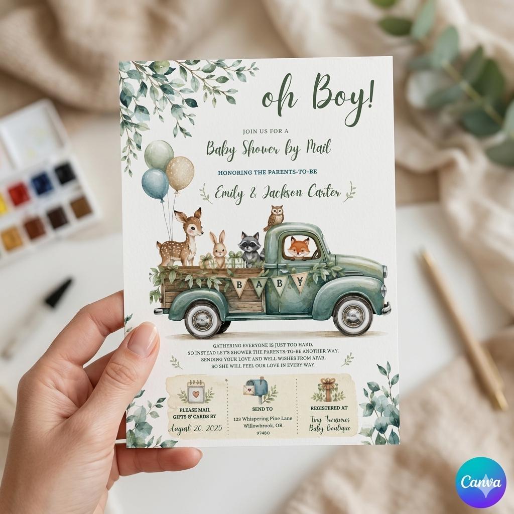 Woodland Animals Baby Shower By Mail Invitation Boy Blue Pickup Truck Deer Bear Shower By Mail Printable (Canva Template)